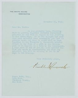 (PRESIDENTS) ROOSEVELT, FRANKLIN . Typed Letter Signed. dated November 23, 1941. One page. Framed.