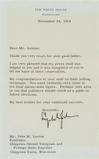 (JOHNSON, LYNDON B) A signed letter. Together with a framed photograph. (Signature on photo likely secretarial)