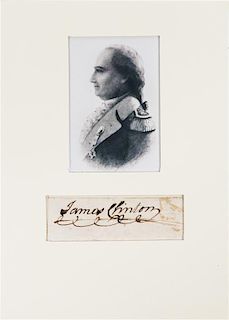 (AMERICAN REVOLUTION) CLINTON, JAMES (GEN.) Clipped signature ("James Clinton"). Mounted and matted with repro. portrait.