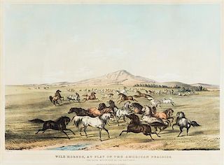 CURRIER & IVES. Wild Horses, at Play on the American Prairies. New York, c. 1835. Litho. with hand-coloring.