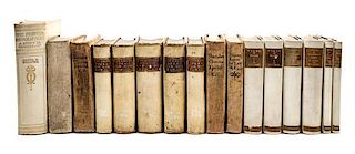 (BINDINGS) HISTORY TRAVEL SCIENCE. A collection of 32 vellum books. Various places, various dates.
