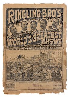 * (CIRCUS) RINGLING BROTHERS, Courier and date stamp, 1892, Courier Co, Show printing house, 23 x 16 inches.