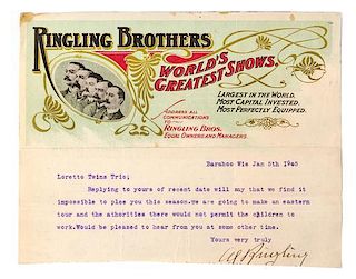 * (CIRCUS) RINGLING BROTHERS, TLS ("Al Ringling") one pg on letterhead, Baraboo, January 5th, 1905, Child labor restriction, 