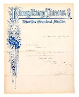 * (CIRCUS) RINGLING BROTHERS, TLS ("Henry Ringling"), one page letterhead, Lafayette, August 15th, 1908, Payments rendered, 1