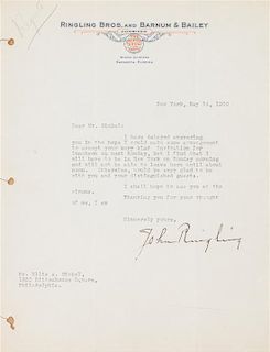 * (CIRCUS) RINGLING BROTHERS. TLS ("John Ringling") , one pg on letterhead, Declining a lunch invitation, New York, May 14th