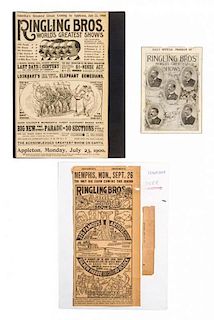 * (CIRCUS) RINGLING BROTHERS, Collection of five newspaper couriers, various cities, and years 1900-1913, Largest 11 x 7 inch