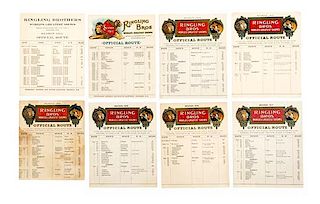 * (CIRCUS) RINGLING BROTHERS, Collection of nine route cards, various years 1901-1918, Largest 6 3/4 x 5 1/2 inches.