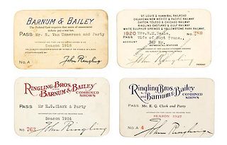 * (CIRCUS) RINGLING BROTHERS, Collection of three circus, and one train passes, one signed 'John Ringling', Largest 2 1/2 x 4