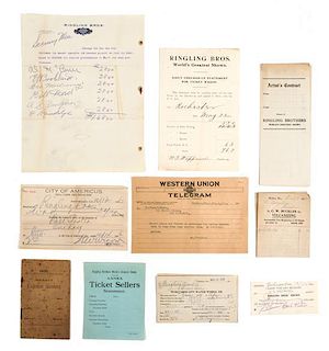 * (CIRCUS) RINGLING BROTHERS, Collection of fourteen miscellaneous bills, contracts and telegrams, various years 1905-1916, L
