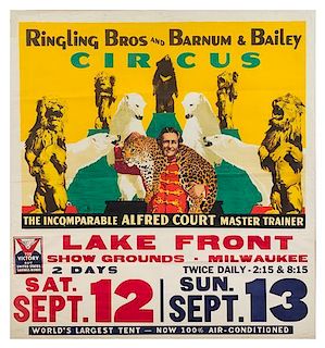 * (CIRCUS) RINGLING BROTHERS AND BARNUM & BAILEY, Poster and date tag, Alfred Court, Milwaukee, [1942], 30 x 27 3/4 inches.