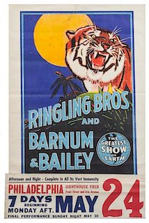 * (CIRCUS) RINGLING BROTHERS AND BARNUM & BAILEY, Poster and date tag, Tiger, [1943], 33 x 21 inches.