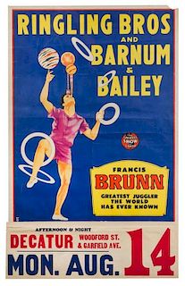 * (CIRCUS) RINGLING BROTHERS AND BARNUM & BAILEY, Poster and date tag, Francis Brunn, [1949], 33 1/2 x 20 1/2 inches.