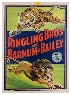 * (CIRCUS) RINGLING BROTHERS AND BARNUM & BAILEY, Poster, Lion and Tiger, [1945], Bill Bailey, 37 1/2 x 28 inches.