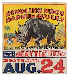 * (CIRCUS) RINGLING BROTHERS AND BARNUM & BAILEY, Poster and date tag, Biggest Menagerie, [1945], Bill Bailey, 30 x 27 1/2 in