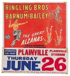 * (CIRCUS) RINGLING BROTHERS AND BARNUM & BAILEY, Poster and date tag, The Great Alzanas, [1952], 30 1/4 x 27 3/4 inches.
