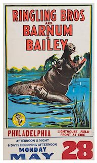 * (CIRCUS) RINGLING BROTHERS AND BARNUM & BAILEY, Poster and date tag, Hippo, [1951], Bill Bailey, 34 x 20 1/2 inches.