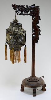 Chinese Carved Hardwood Dragon Lantern Lamp