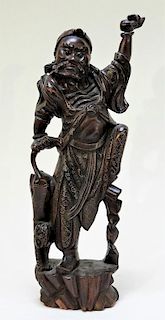 Chinese Carved Wood Silver Wire Warrior Sculpture
