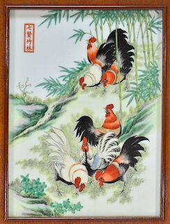 Chinese Porcelain Famille Rose Plaque of Roosters