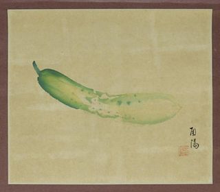 Chinese Watercolor Scroll Painting of a Cucumber