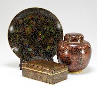 3 Chinese Cloisonne Enamel Articles Jar Box Plate