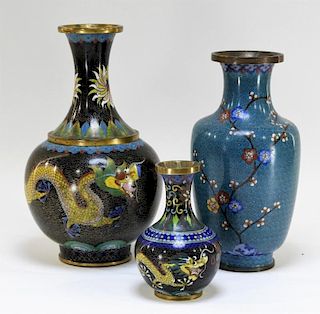 3 Chinese Cloisonne Enamel Dragon Floral Vases