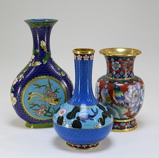 3 Chinese Cloisonne Enamel Scenic Panel Vases