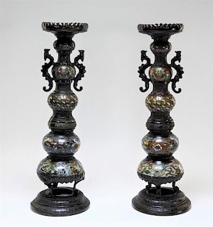 PR Chinese Archaic Bronze Champleve Candlesticks