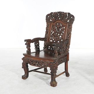 Antique Chinese Figural Carved & Reticulated Rosewood Chair Circa 1890