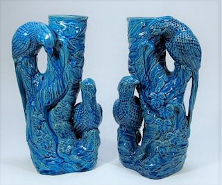 PR LG Chinese Porcelain Turquoise Glaze Bird Vases