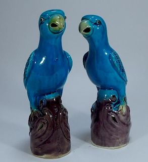 PR Chinese Pottery Turquoise & Aubergine Parrots
