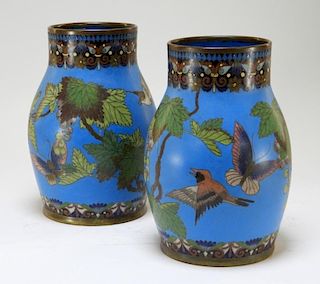 PR Chinese Cloisonne Bird and Butterfly Vases