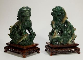 PR Chinese Carved Jadeite Foo Dog Statues