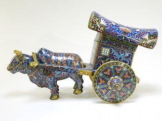 Chinese Cloisonne Enamel Ox with Wagon