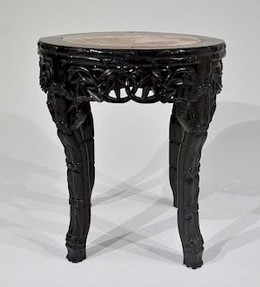 Chinese Carved Hardwood Marble Top Pedestal Table