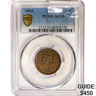 1855 Braided Hair Half Cent PCGS AU55 