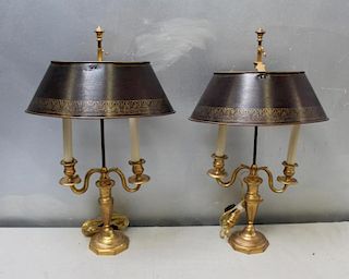 Pair of Bronze Builloitte Lamps with Tole Shades.