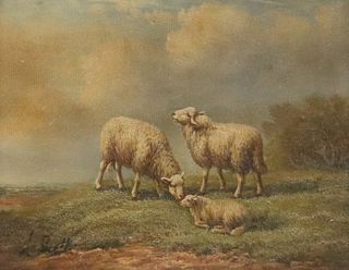 SIGNED L. SMITH DECORATIVE PASTORAL PAINTING SHEEP ON A HILLSIDE