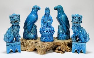 5 Chinese Porcelain Turquoise Foo Dog Bird Guanyin