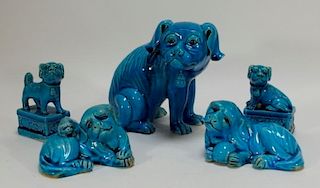 5 Chinese Porcelain Blue Turquoise Dog Figures
