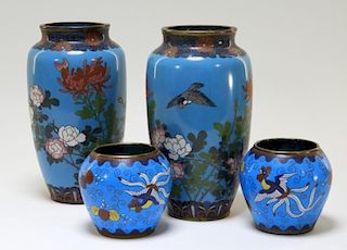 4 Chinese Cloisonne Blue Bird and Floral Vases