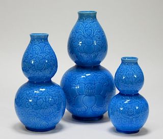 3 Chinese Porcelain Double Gourd Turquoise Vases