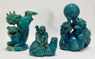 3 Chinese Ceramic Turquoise Foo Dogs & Man Figures