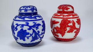 2 LG Chinese Blue & Red Peking Glass Covered Jars