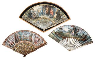 Three Continental Painted Paper Fans, One Framed