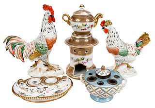 Five Continental Gilt Decorated Porcelain Table Objects