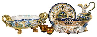 Four Majolica Table Objects and Two Hand Painted Wooden Cups