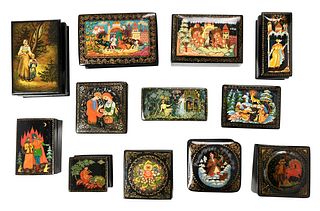 12 Assorted Miniature Rectangular Russian Lacquer Boxes