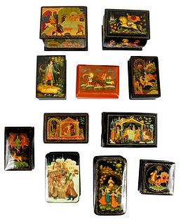 11 Rectangular Russian Lacquer Boxes with Fairy Tale Scenes