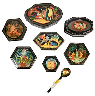 Seven Assorted Russian Polygonal Lacquer Boxes and One Spoon